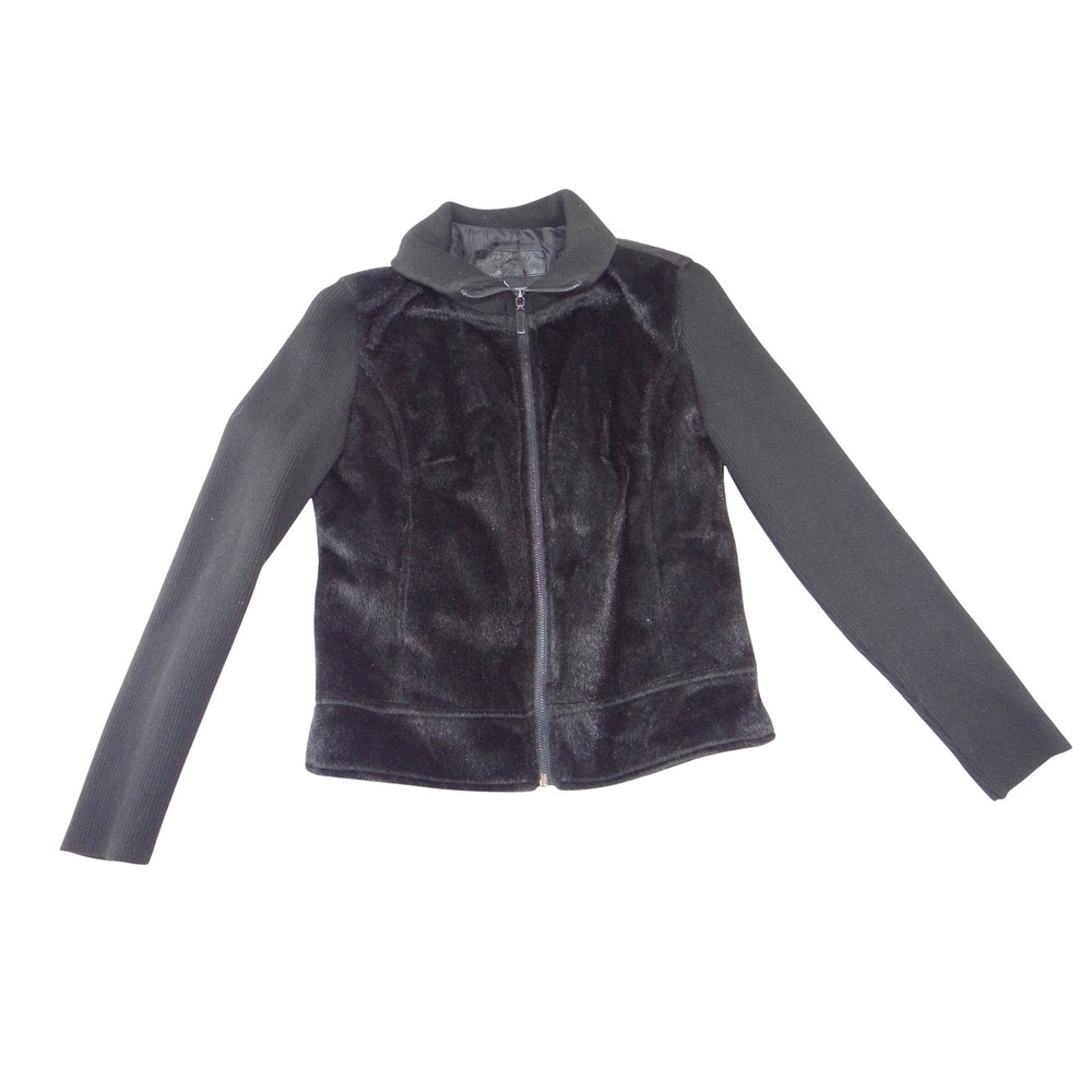 NWT-Jaclyn Smith Womens Black Faux Fur Ribbed Knit Full Zip Mock Neck Jacket S
